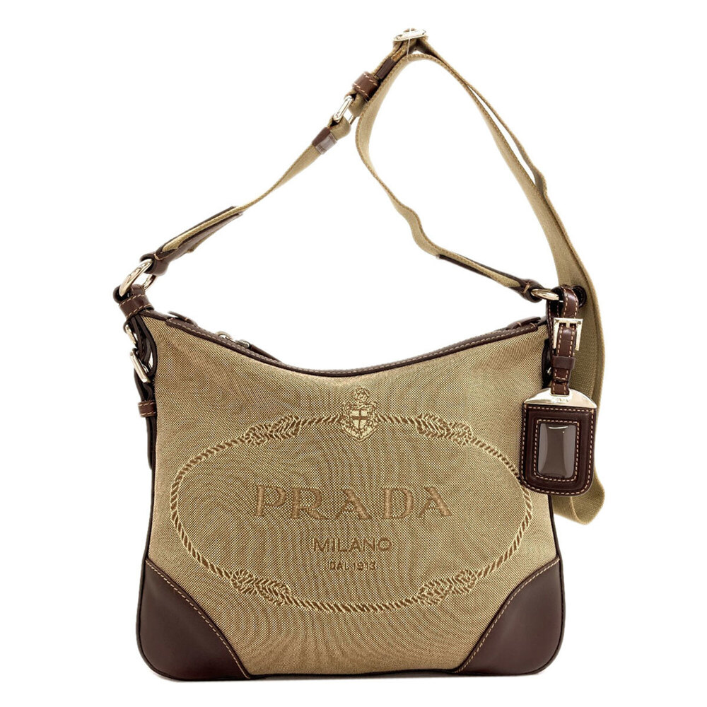 Prada BT0534 Long Shoulder Logo Jacquard Bag Canvas/Leather Women's PRADA
